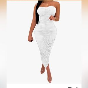 BEAGIMEG Women's Sexy Ruched Strapless Bodycon Tube Maxi Club Dress White XL